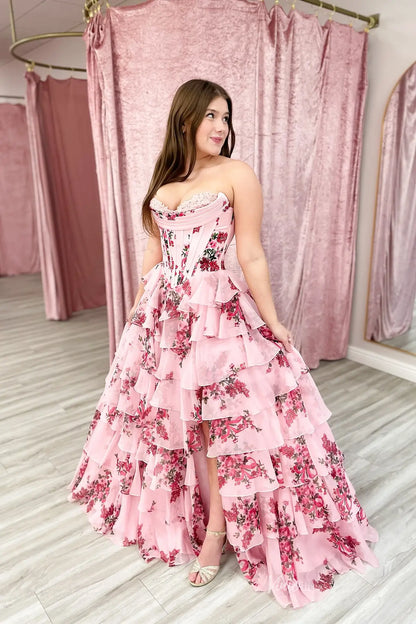 Strapless Floral Chiffon Tiered Prom Dress with Slit & Lace Sweetheart Neckline – RF067-prom dresses 2026-Viniodress-Blue-Custom Size-