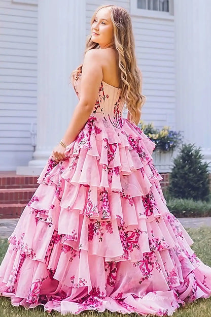 Strapless Floral Chiffon Tiered Prom Dress with Slit & Lace Sweetheart Neckline – RF067-prom dresses 2026-Viniodress-Blue-Custom Size-