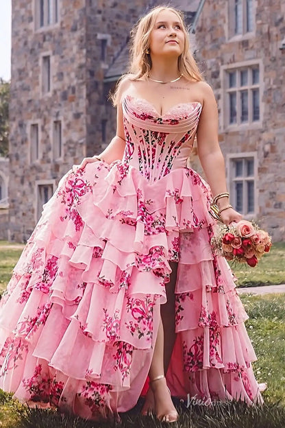 Strapless Floral Chiffon Tiered Prom Dress with Slit & Lace Sweetheart Neckline – RF067-prom dresses 2026-Viniodress-Blue-Custom Size-