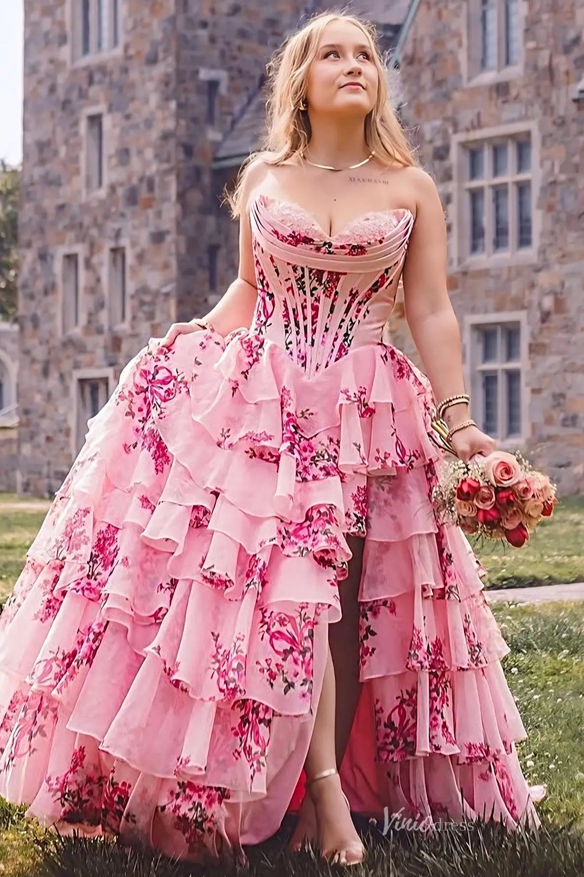 Strapless Floral Chiffon Tiered Prom Dress with Slit & Lace Sweetheart Neckline – RF067-prom dresses 2026-Viniodress-Blue-Custom Size-