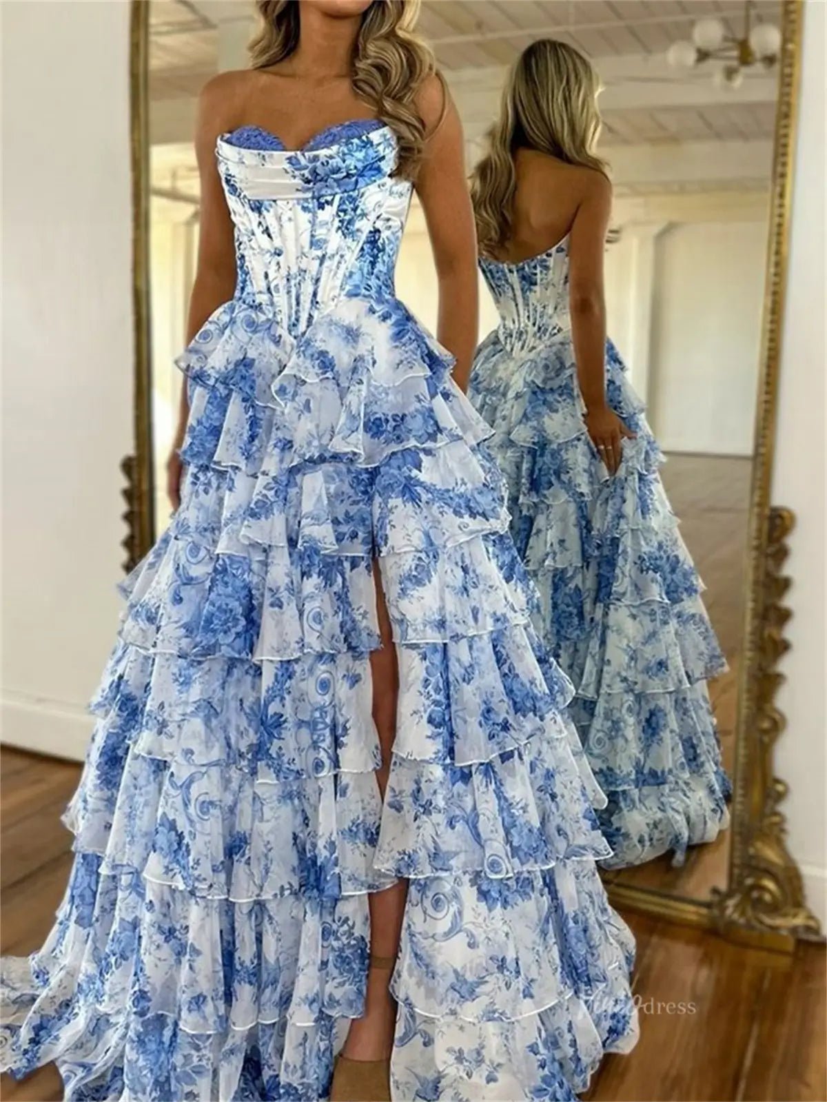 Strapless Floral Chiffon Tiered Prom Dress with Slit & Lace Sweetheart Neckline – Style FD3733-prom dresses 2025 -Viniodress-Blue-Custom Size-