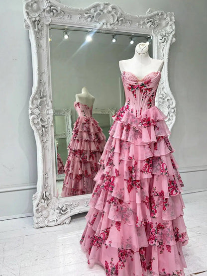 Strapless Floral Chiffon Tiered Prom Dress with Slit & Lace Sweetheart Neckline – Style FD3733-prom dresses 2025 -Viniodress-Pink-Custom Size-
