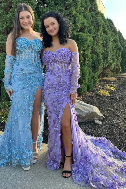Strapless Floral Lace Mermaid Prom Dress 2025 with Slit & Removable Sleeves – FD5003-prom dresses 2025 -Viniodress-Light Blue-Custom Size-