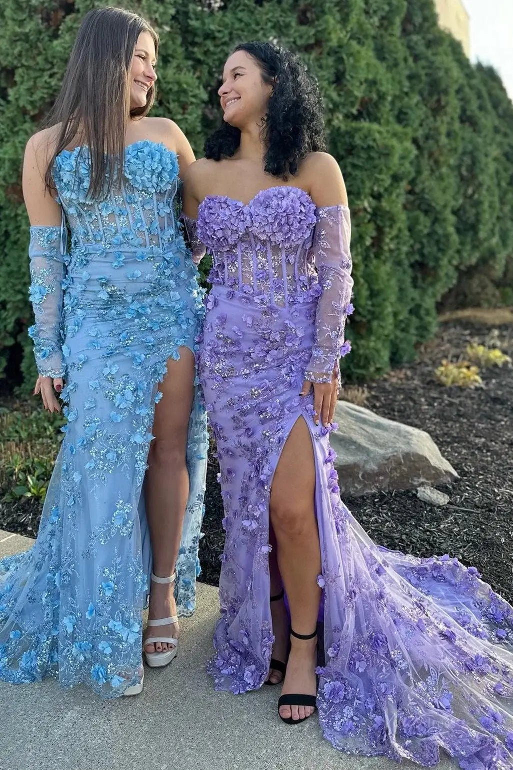Strapless Floral Lace Mermaid Prom Dress 2025 with Slit & Removable Sleeves – FD5003-prom dresses 2025 -Viniodress-Light Blue-Custom Size-