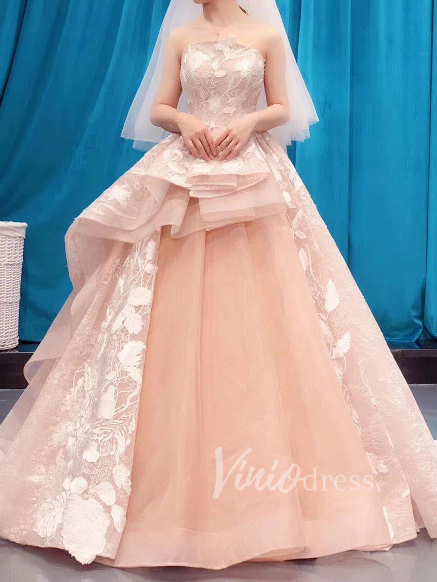 Strapless Floral Prom Dresses Champagne Princess Quinceañera Dress FD1289 viniodress-prom dresses-Viniodress-Viniodress