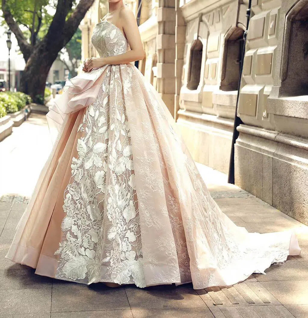 Strapless Floral Prom Dresses Champagne Princess Quinceañera Dress FD1289 viniodress-prom dresses-Viniodress-Viniodress