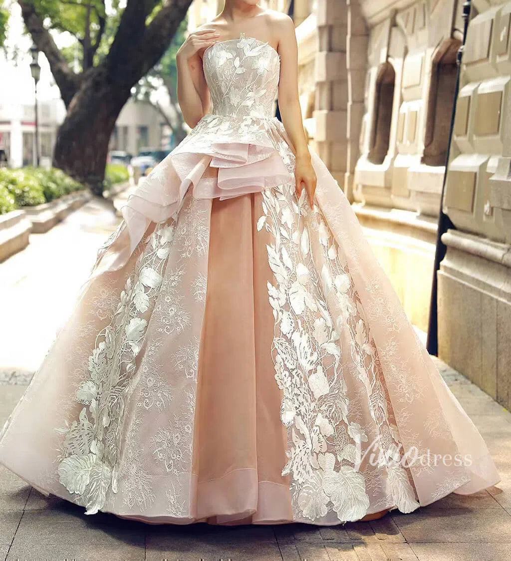 Strapless Floral Prom Dresses Champagne Princess Quinceañera Dress FD1289 viniodress-prom dresses-Viniodress-Viniodress