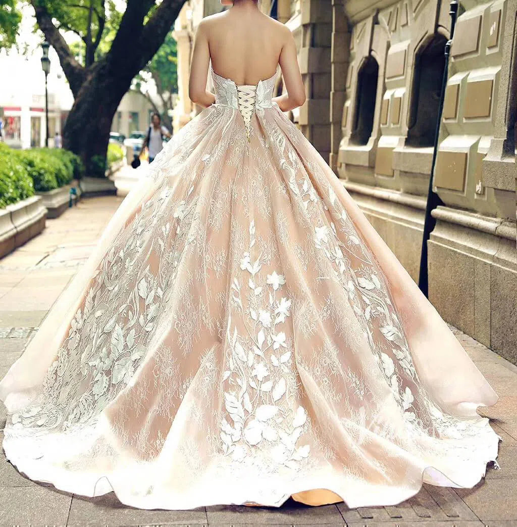 Strapless Floral Prom Dresses Champagne Princess Quinceañera Dress FD1289 viniodress-prom dresses-Viniodress-Viniodress