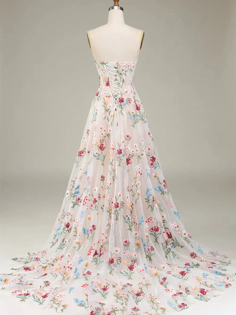 Strapless Floral Tulle Prom Dresses 2025 A-Line Lace Up Back Formal Dresses - FD5310-prom dresses 2025 -Viniodress-Pink-Custom Size-