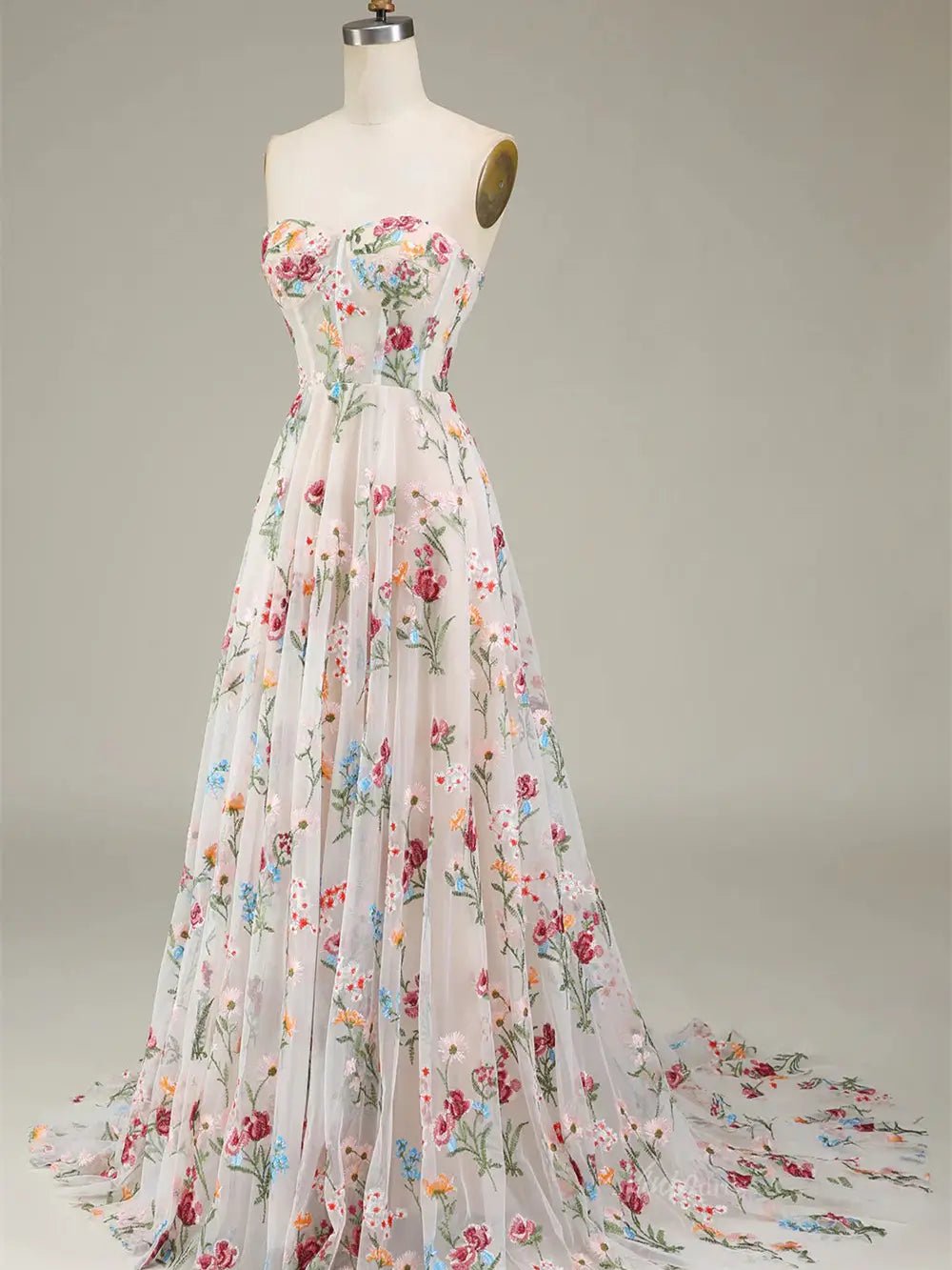 Strapless Floral Tulle Prom Dresses 2025 A-Line Lace Up Back Formal Dresses - FD5310-prom dresses 2025 -Viniodress-Pink-Custom Size-