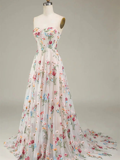 Strapless Floral Tulle Prom Dresses 2025 A-Line Lace Up Back Formal Dresses - FD5310-prom dresses 2025 -Viniodress-Pink-Custom Size-