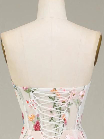 Strapless Floral Tulle Prom Dresses 2025 A-Line Lace Up Back Formal Dresses - FD5310-prom dresses 2025 -Viniodress-Pink-Custom Size-