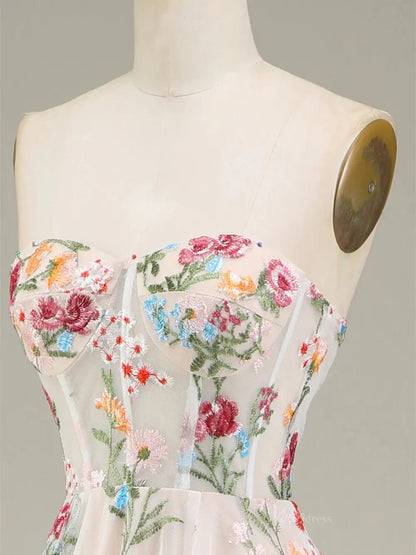 Strapless Floral Tulle Prom Dresses 2025 A-Line Lace Up Back Formal Dresses - FD5310-prom dresses 2025 -Viniodress-Pink-Custom Size-