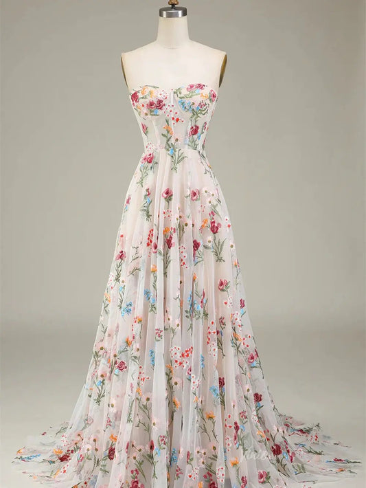 Strapless Floral Tulle Prom Dresses 2025 A-Line Lace Up Back Formal Dresses - FD5310-prom dresses 2025 -Viniodress-Pink-Custom Size-