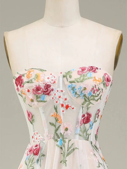 Strapless Floral Tulle Prom Dresses 2025 A-Line Lace Up Back Formal Dresses - FD5310-prom dresses 2025 -Viniodress-Pink-Custom Size-