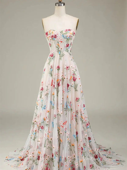 Strapless Floral Tulle Prom Dresses 2025 A-Line Lace Up Back Formal Dresses - FD5310-prom dresses 2025 -Viniodress-Pink-Custom Size-