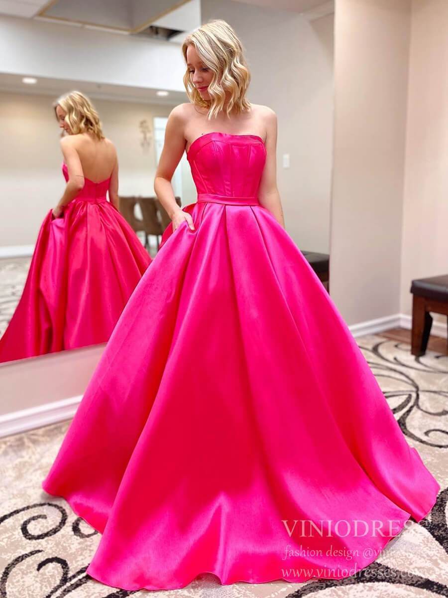 Prom Dress 2025 Strapless Fuchsia Satin Long Prom Dresses with Pockets FD2144-unique prom dresses-Fuchsia-Custom Size-Viniodress