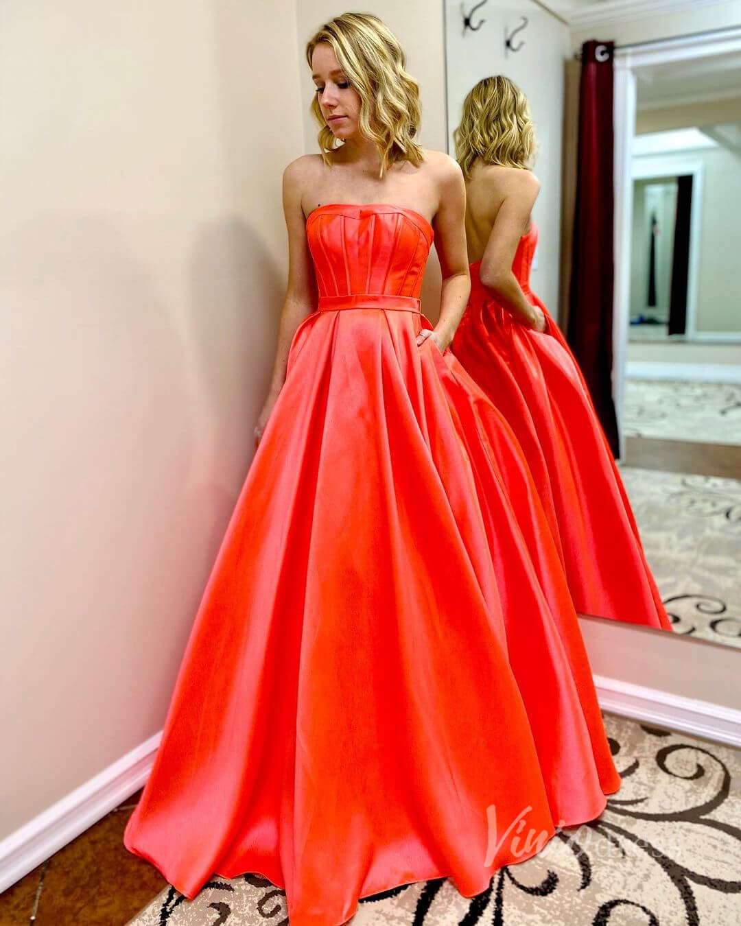 Prom Dress 2025 Strapless Fuchsia Satin Long Prom Dresses with Pockets FD2144-unique prom dresses-Orange-Custom Size-Viniodress