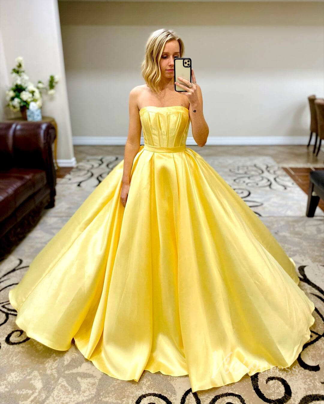 Prom Dress 2025 Strapless Fuchsia Satin Long Prom Dresses with Pockets FD2144-unique prom dresses-Yellow-Custom Size-Viniodress