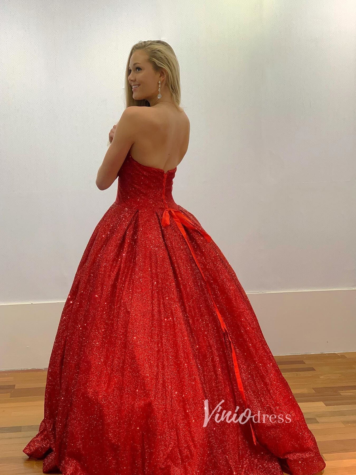 Prom Dress 2025 Strapless Glittery Red Prom Dresses Ball Gown Formal Dress FD2738-unique prom dresses-Red-Custom Size-Viniodress