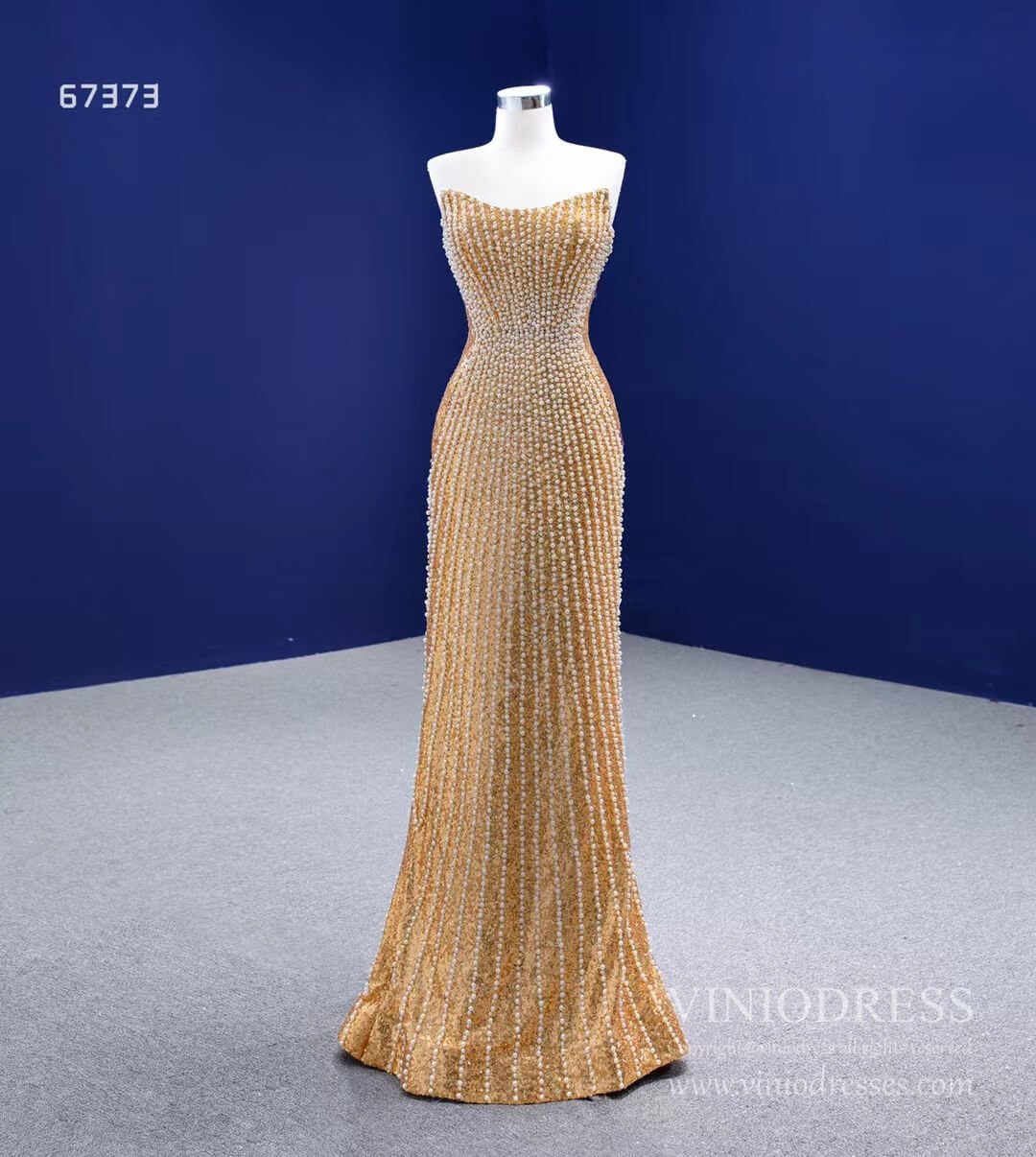 Strapless Gold Sheath Pearl Prom Dresses VINIODRESS 67373 viniodress-prom dresses 2025 -Viniodress-Gold-Custom Size-