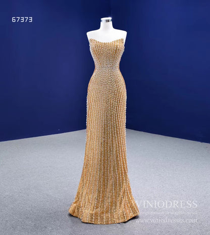 Strapless Gold Sheath Pearl Prom Dresses VINIODRESS 67373 viniodress-prom dresses 2025 -Viniodress-Gold-Custom Size-