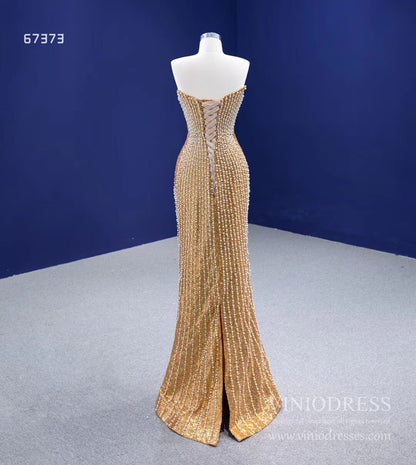 Strapless Gold Sheath Pearl Prom Dresses VINIODRESS 67373 viniodress-prom dresses 2025 -Viniodress-Gold-Custom Size-