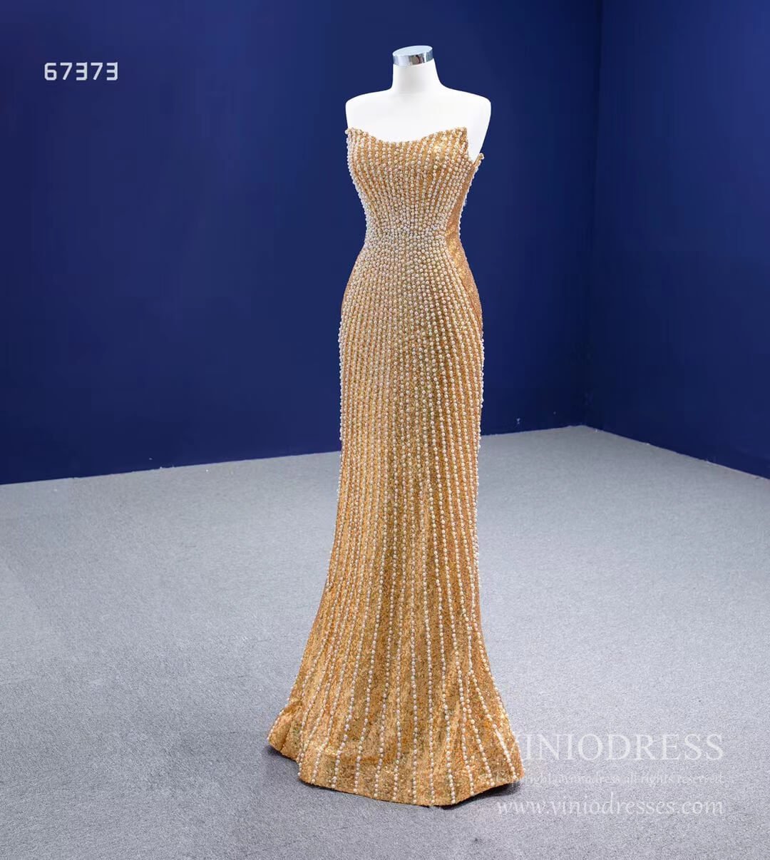 Strapless Gold Sheath Pearl Prom Dresses VINIODRESS 67373 viniodress-prom dresses 2025 -Viniodress-Gold-Custom Size-