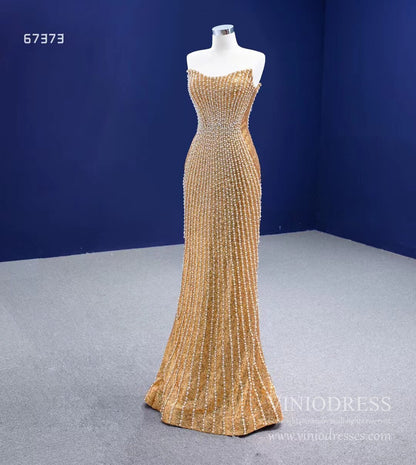 Strapless Gold Sheath Pearl Prom Dresses VINIODRESS 67373 viniodress-prom dresses 2025 -Viniodress-Gold-Custom Size-