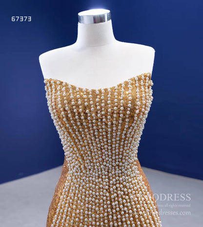 Strapless Gold Sheath Pearl Prom Dresses VINIODRESS 67373 viniodress-prom dresses 2025 -Viniodress-Gold-Custom Size-