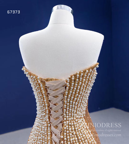Strapless Gold Sheath Pearl Prom Dresses VINIODRESS 67373 viniodress-prom dresses 2025 -Viniodress-Gold-Custom Size-