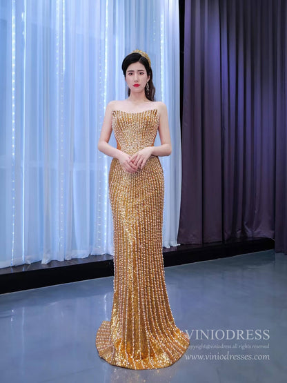Strapless Gold Sheath Pearl Prom Dresses VINIODRESS 67373 viniodress-prom dresses 2025 -Viniodress-Gold-Custom Size-