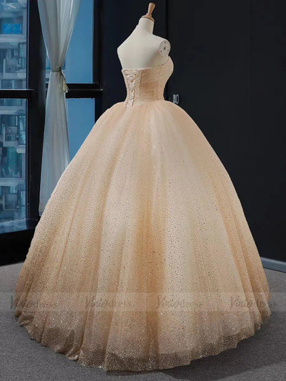 Strapless Gold Sparkly Ball Gown Princess Dresses FD1536 viniodress-prom dresses 2025 -Viniodress-Gold-Custom Size-