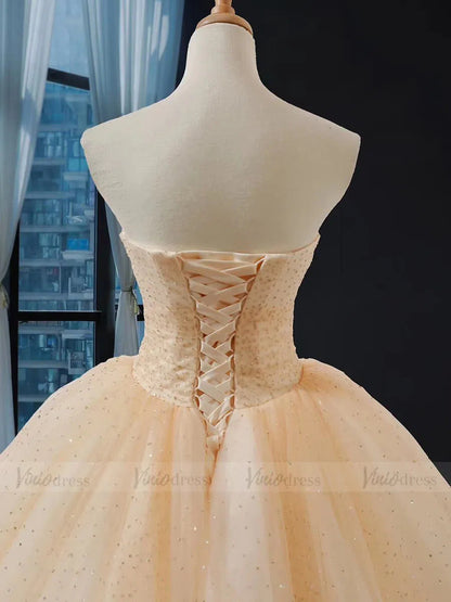 Strapless Gold Sparkly Ball Gown Princess Dresses FD1536 viniodress-prom dresses 2025 -Viniodress-Gold-Custom Size-