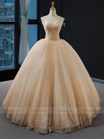 Strapless Gold Sparkly Ball Gown Princess Dresses FD1536 viniodress-prom dresses 2025 -Viniodress-Gold-Custom Size-