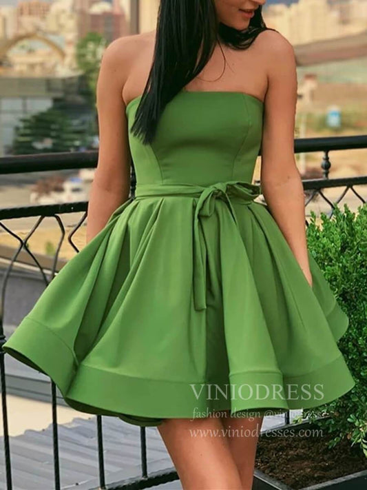 Strapless Green Satin Homecoming Dresses with Sash SD1256-Homecoming Dresses 2025 -Viniodress-Green-Custom Size-