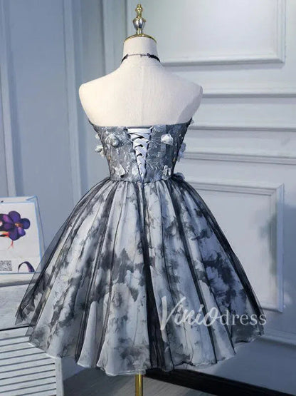 Strapless Grey Floral Homecoming Dresses SD1003-Homecoming Dresses 2025 -Viniodress-Grey-Custom Size-