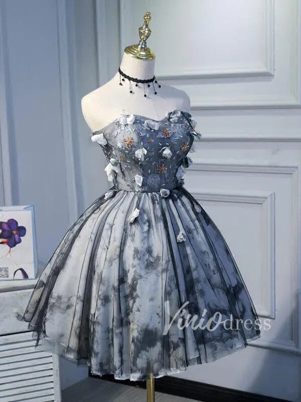 Strapless Grey Floral Homecoming Dresses SD1003-Homecoming Dresses 2025 -Viniodress-Grey-Custom Size-