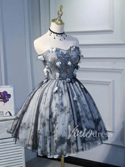 Strapless Grey Floral Homecoming Dresses SD1003-Homecoming Dresses 2025 -Viniodress-Grey-Custom Size-