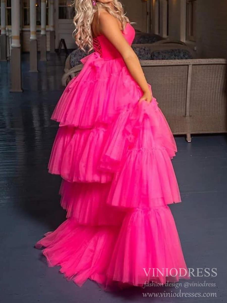 Prom Dress 2025 Strapless High Low Hot Pink Tiered Ruffle Prom Dresses lace-up Back FD2091-unique prom dresses-Fuchsia-Custom Size-Viniodress