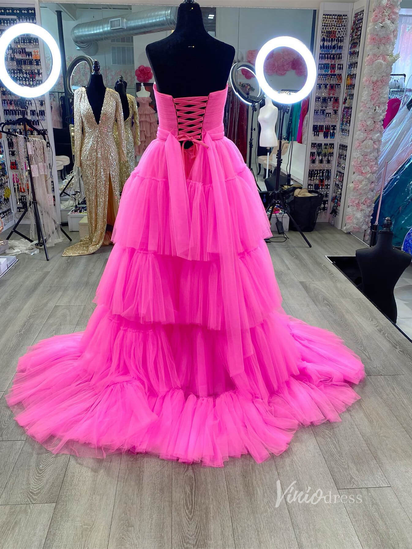 Prom Dress 2025 Strapless High Low Hot Pink Tiered Ruffle Prom Dresses lace-up Back FD2091-unique prom dresses-Fuchsia-Custom Size-Viniodress