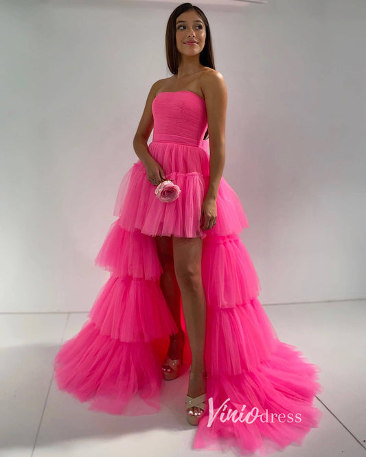 Prom Dress 2025 Strapless High Low Hot Pink Tiered Ruffle Prom Dresses lace-up Back FD2091-unique prom dresses-Fuchsia-Custom Size-Viniodress