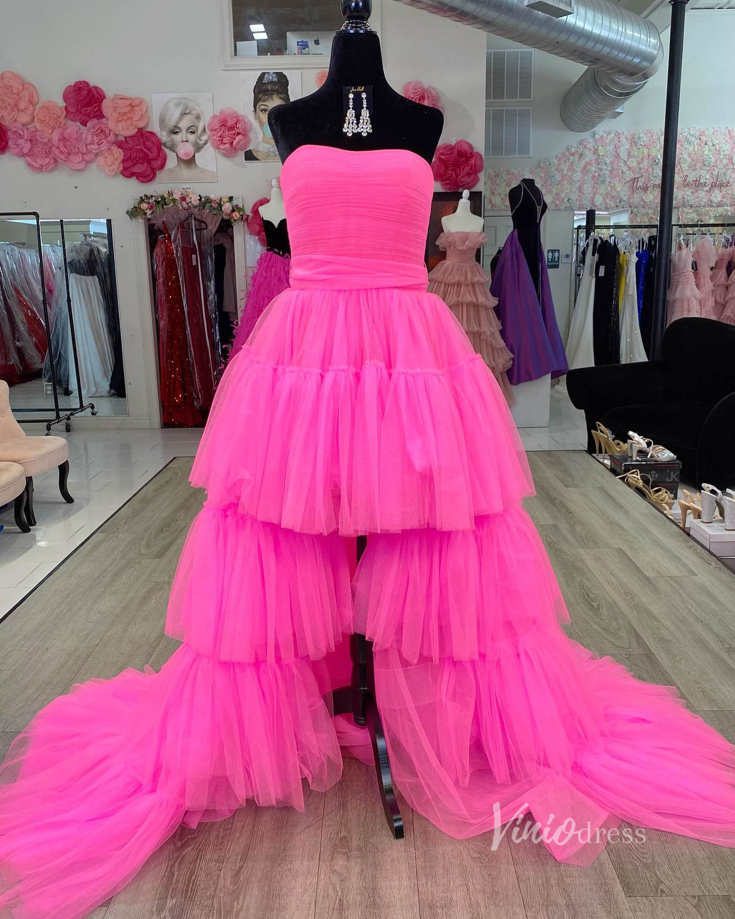 Prom Dress 2025 Strapless High Low Hot Pink Tiered Ruffle Prom Dresses lace-up Back FD2091-unique prom dresses-Hot Pink-Custom Size-Viniodress