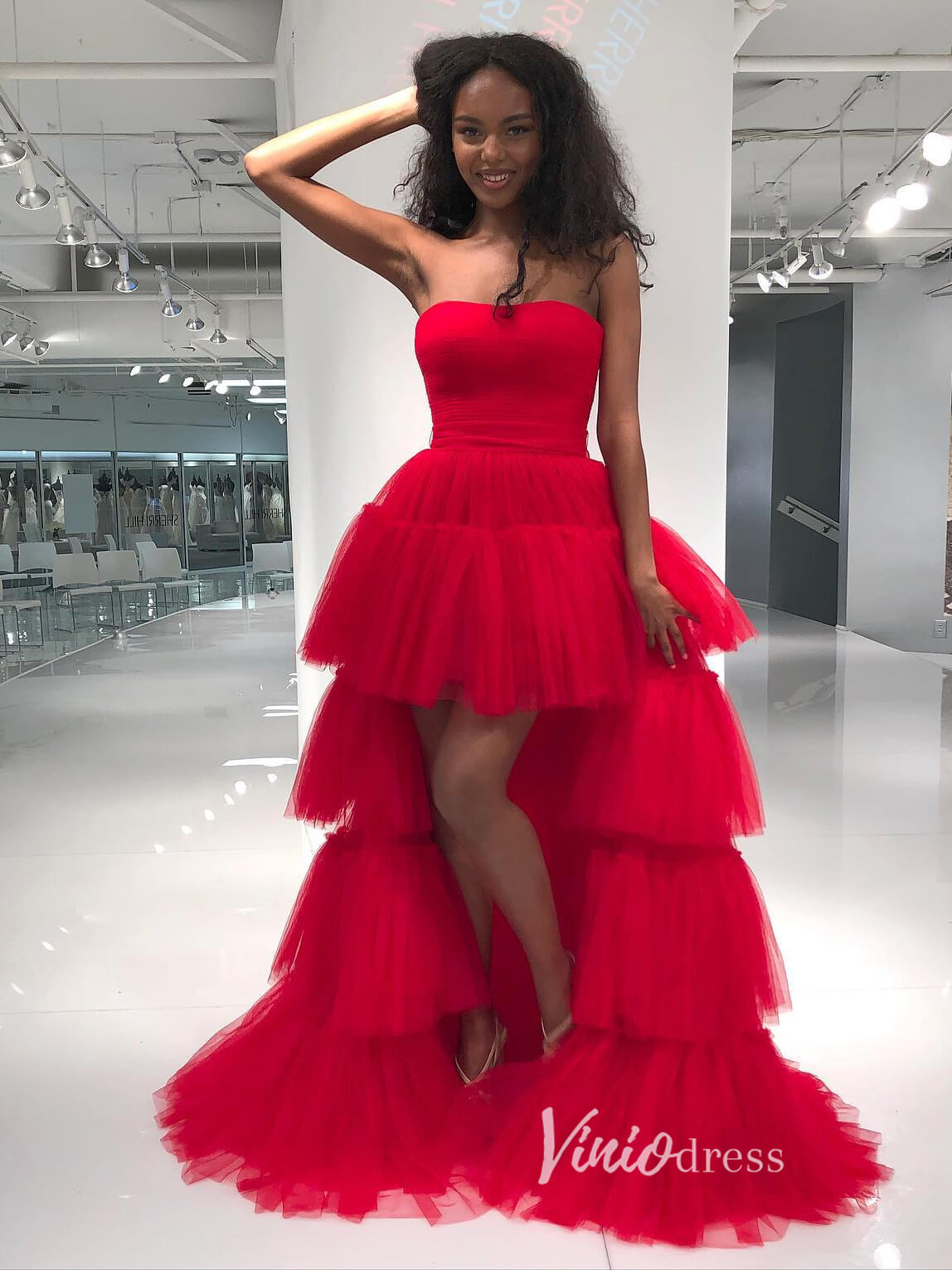 Prom Dress 2025 Strapless High Low Hot Pink Tiered Ruffle Prom Dresses lace-up Back FD2091-unique prom dresses-Red-Custom Size-Viniodress