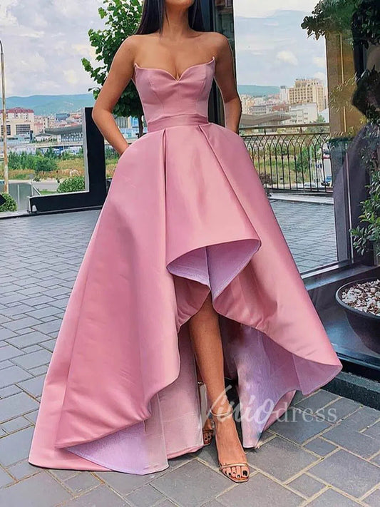 Strapless High Low Pink Satin Prom Dresses with Pockets FD1558-prom dresses 2025 -Viniodress-Rose Pink-Custom Size-
