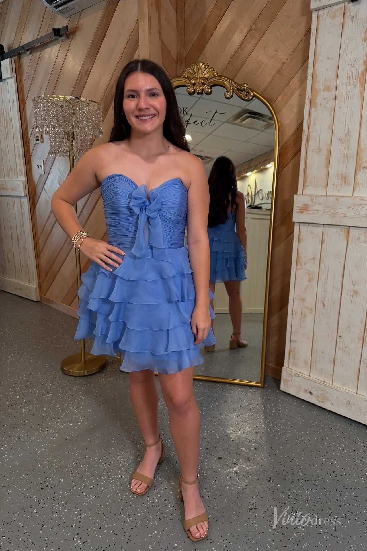 Blue Strapless Homecoming Dress with Satin Bow, Ruched Bodice, Tiered Ruffle Skirt – H1181B-Homecoming Dresses 2025 -Viniodress-Blue-Custom Size-