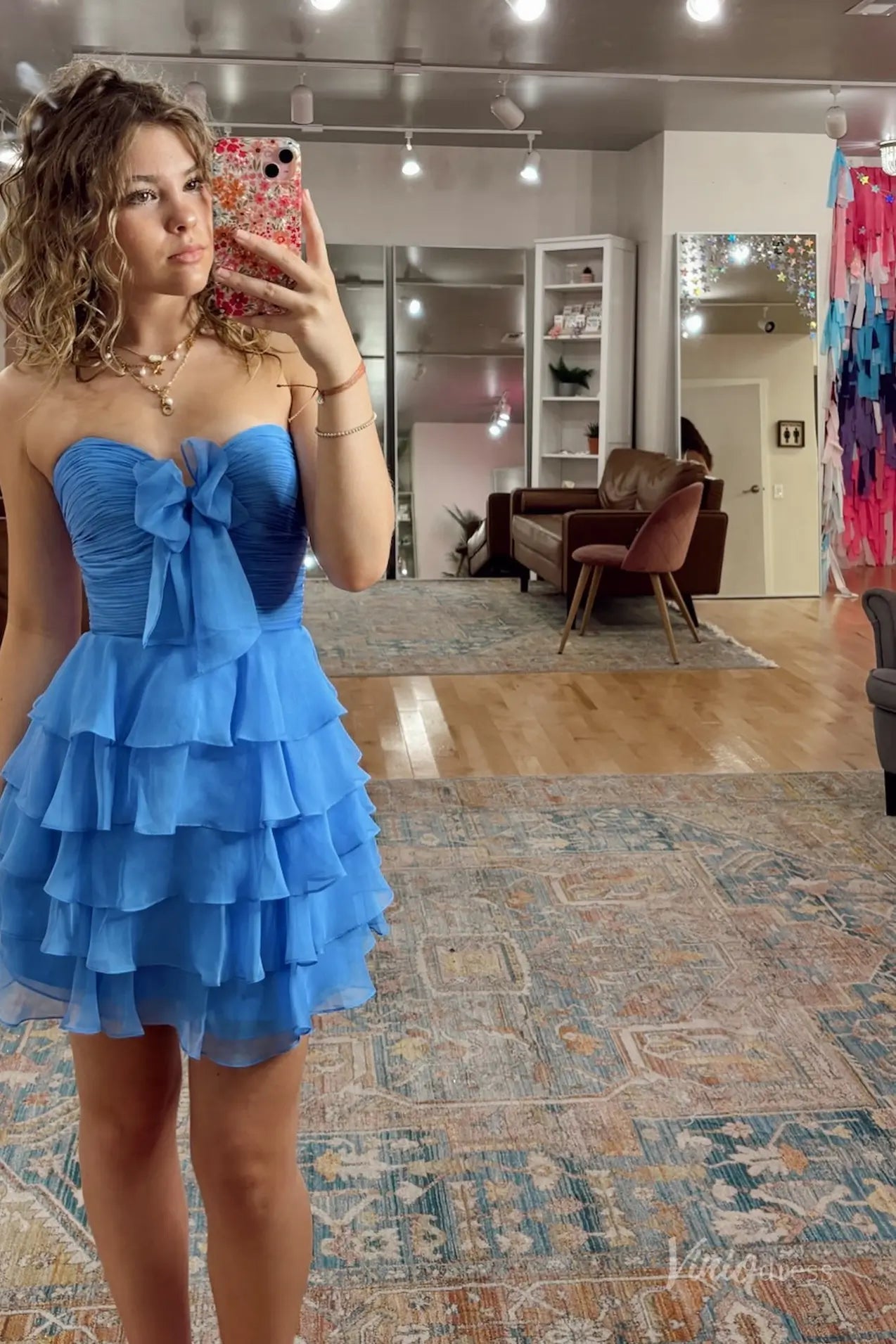 Blue Strapless Homecoming Dress with Satin Bow, Ruched Bodice, Tiered Ruffle Skirt – H1181B-Homecoming Dresses 2025 -Viniodress-Blue-Custom Size-