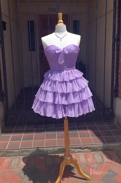 Blue Strapless Homecoming Dress with Satin Bow, Ruched Bodice, Tiered Ruffle Skirt – H1181B-Homecoming Dresses 2025 -Viniodress-Lavender-Custom Size-