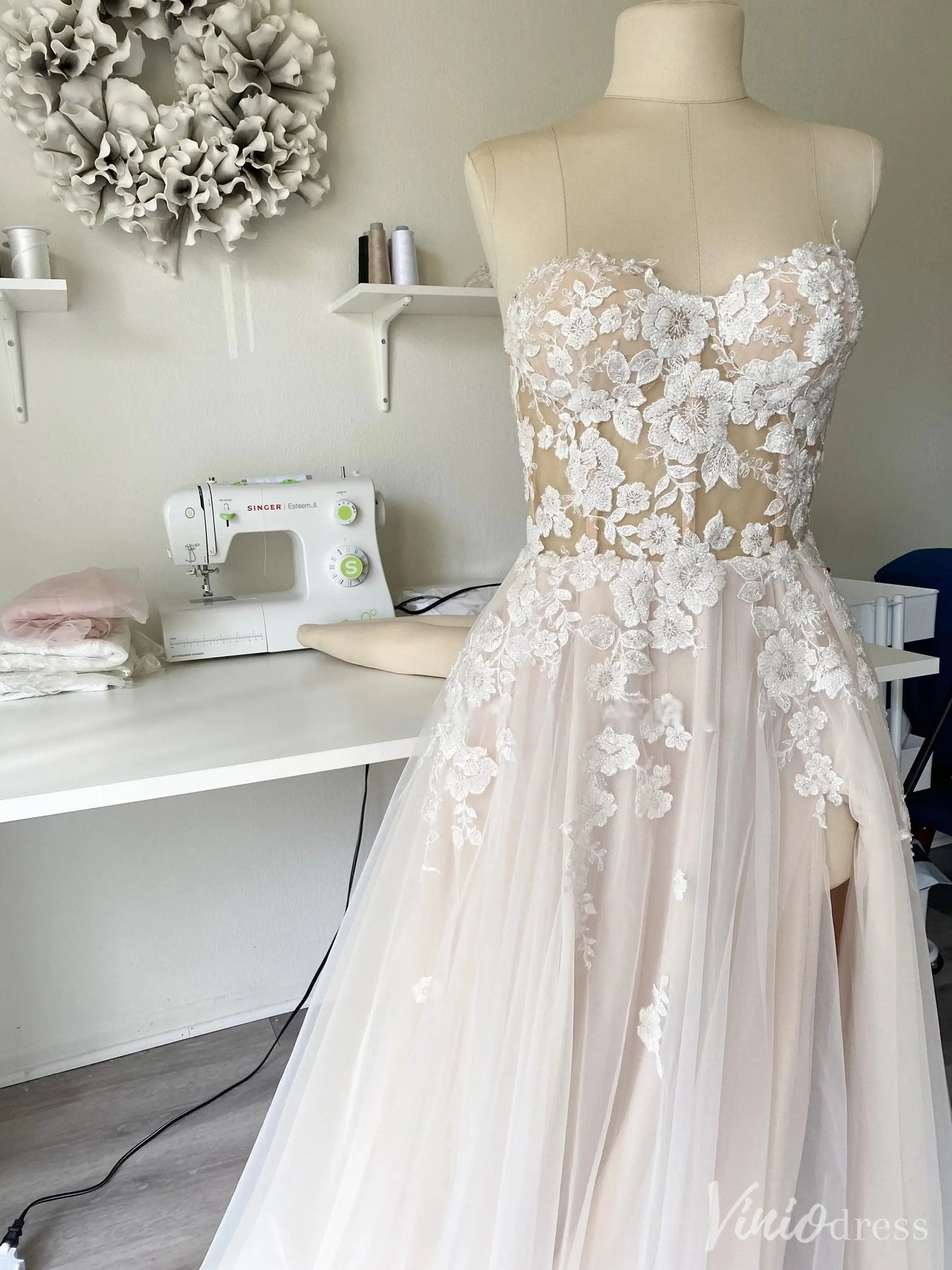 Strapless Illusion Corset Wedding Dress with 3D Floral Lace and Slit Skirt – VW2518-wedding dresses 2025 -Viniodress-Nude-Custom Size-