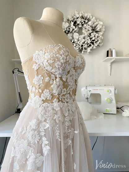 Strapless Illusion Corset Wedding Dress with 3D Floral Lace and Slit Skirt – VW2518-wedding dresses 2025 -Viniodress-Nude-Custom Size-